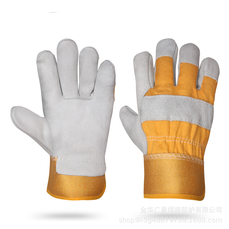 电焊牛皮手套黄斜纹布耐磨防烫加厚隔热焊接工全掌牛二层劳保手套