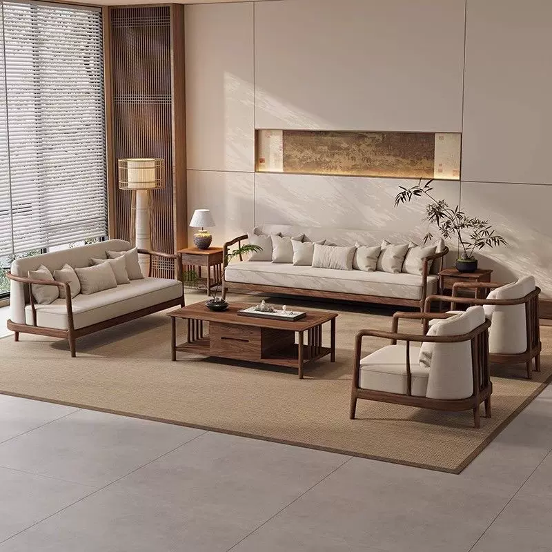 宋氏新中式沙发实木简约现代轻奢样板房高端黑胡桃木布艺家具