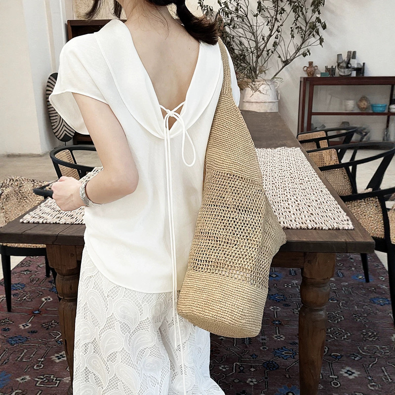 Hoo Summer New French Style Draped Back U-Neck Tie High-End Casual Commuter Versatile Shirt Csa7131