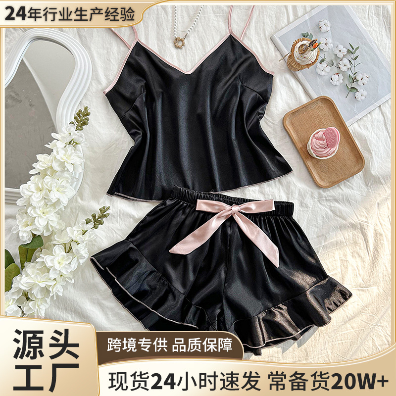 Fashionable New Pajamas with Bow, European and American Style, Two-Piece Set, Camisole and Pajama Pants, Imitation Ice Silk Satin, Casual Loungewear