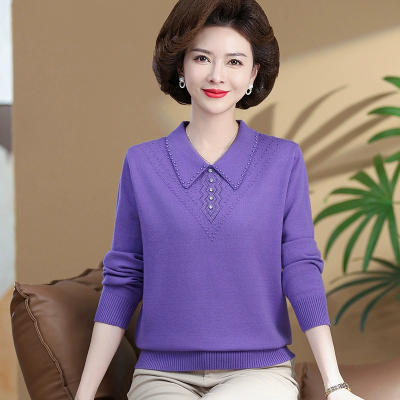 Средний и пожилой женский модный отворот весенний свитер вязаный свитер большой размер свободный отворот мама одевает сплошной топ