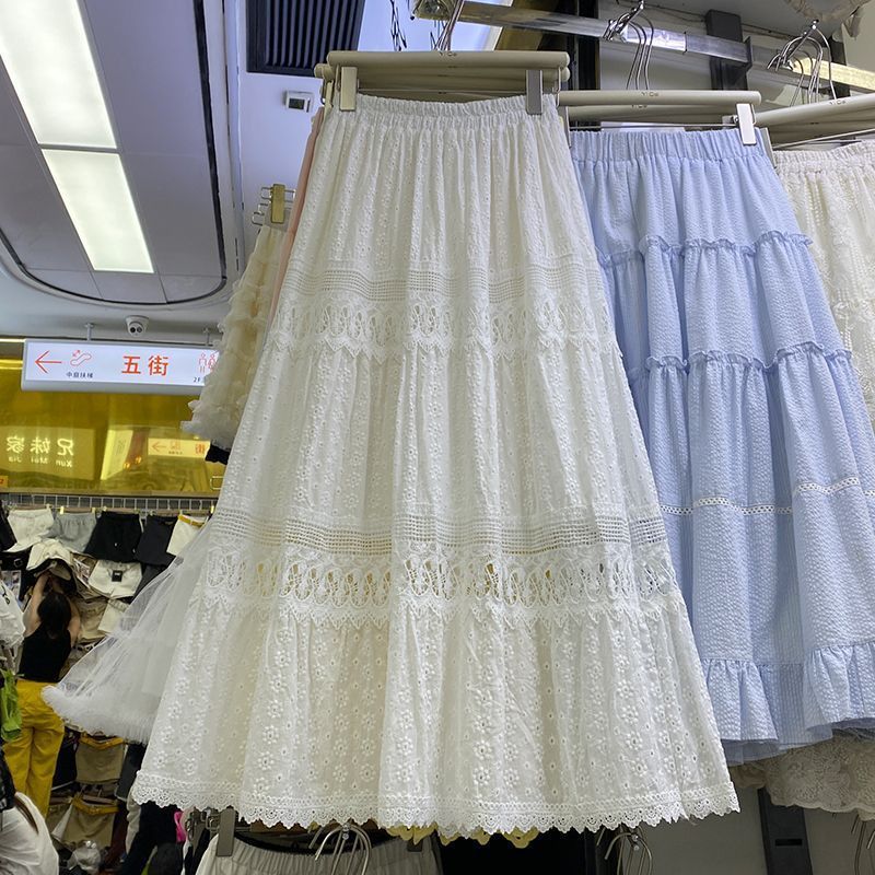 White Lace Skirt 2025 New High-Waisted Mid-Length Cake-Style Embroidered Hollow Floral Long Skirt White Lace Skirt 2025 New High-Waisted Mid-Length Cake-Style Embroidered Hollow Floral Long Skirt