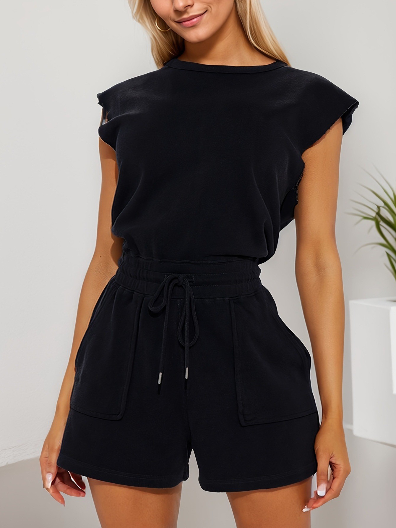Mono sin mangas de moda europea y americana para mujer, con cuello caído, cintura fruncida y cordón, nuevo estilo moderno. image 8