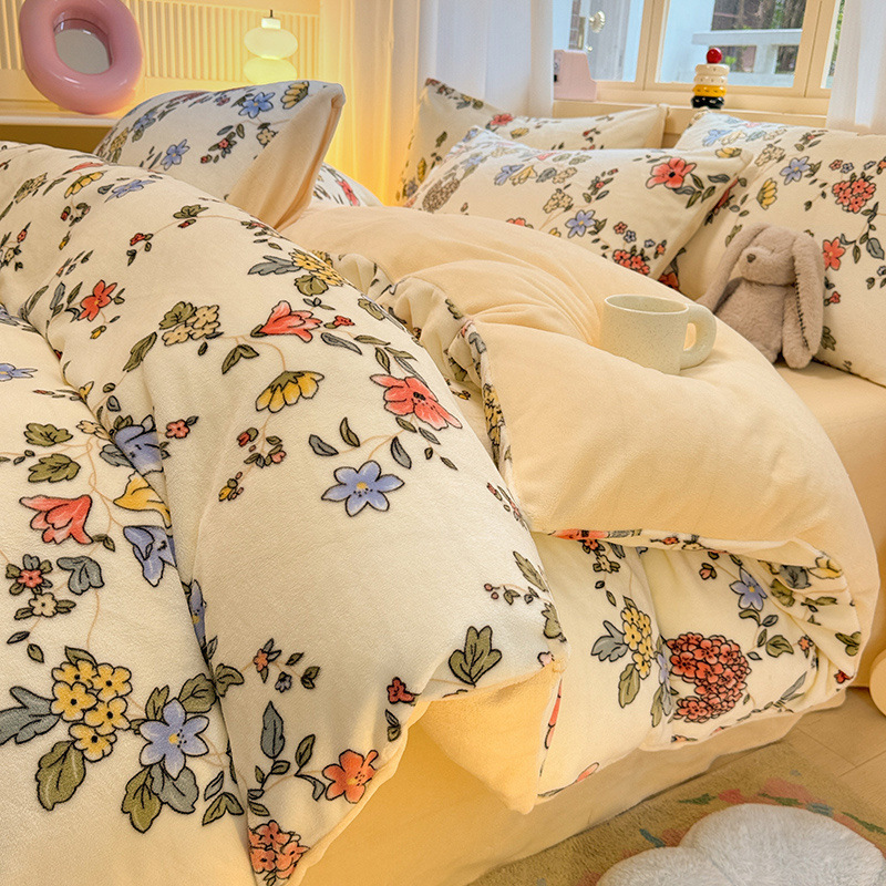 Invierno engrosado 2025 nuevo conjunto de cuatro piezas de lana de leche de doble cara edredón de coral sábanas de tres piezas