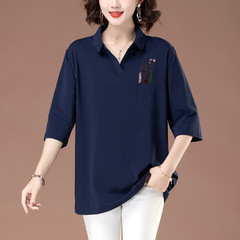 中袖純綿tシャツ女性夏2024新型ゆるいサイズ中年ママpolo襟七分袖上着