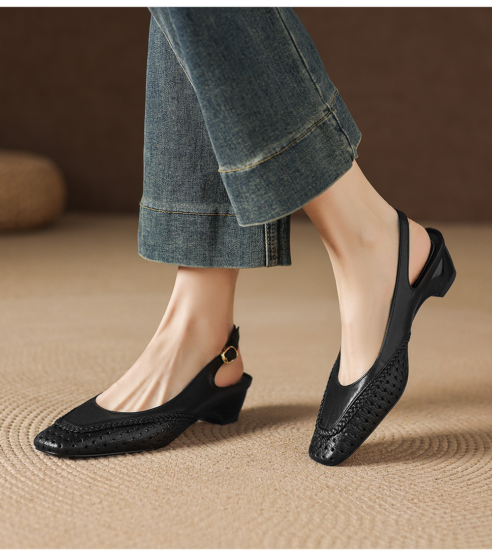 Sandal nữ gót thấp 3.5cm da cừu dệt mũi vuông kiểu Pháp quai một dây — đen chi tiết 9