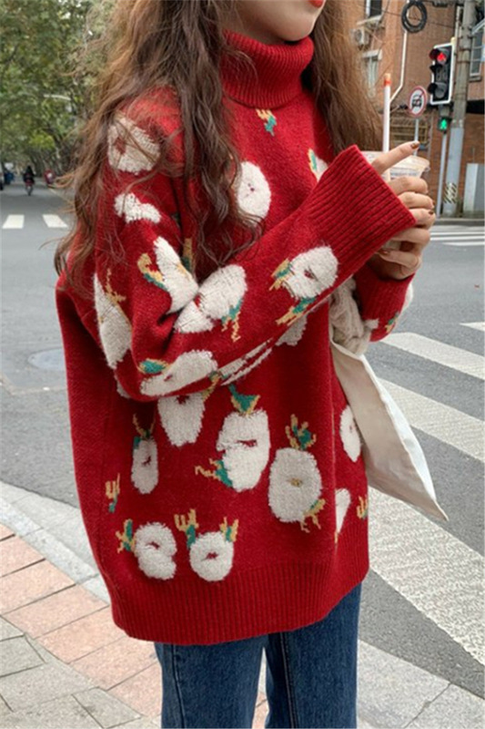 Small New Year Red Turtleneck Sweater Women's Autumn and Winter Thickened Loose Lazy Style Outer Wear Knitted Top Mid-length