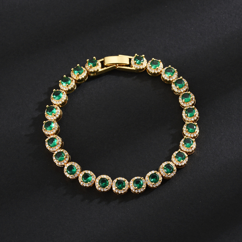 European and American Cross-border Gold-plated Emerald Tennis Bracelet Men's Hip-hop Women's Personality High-end Full Diamond Zircon Bracelet