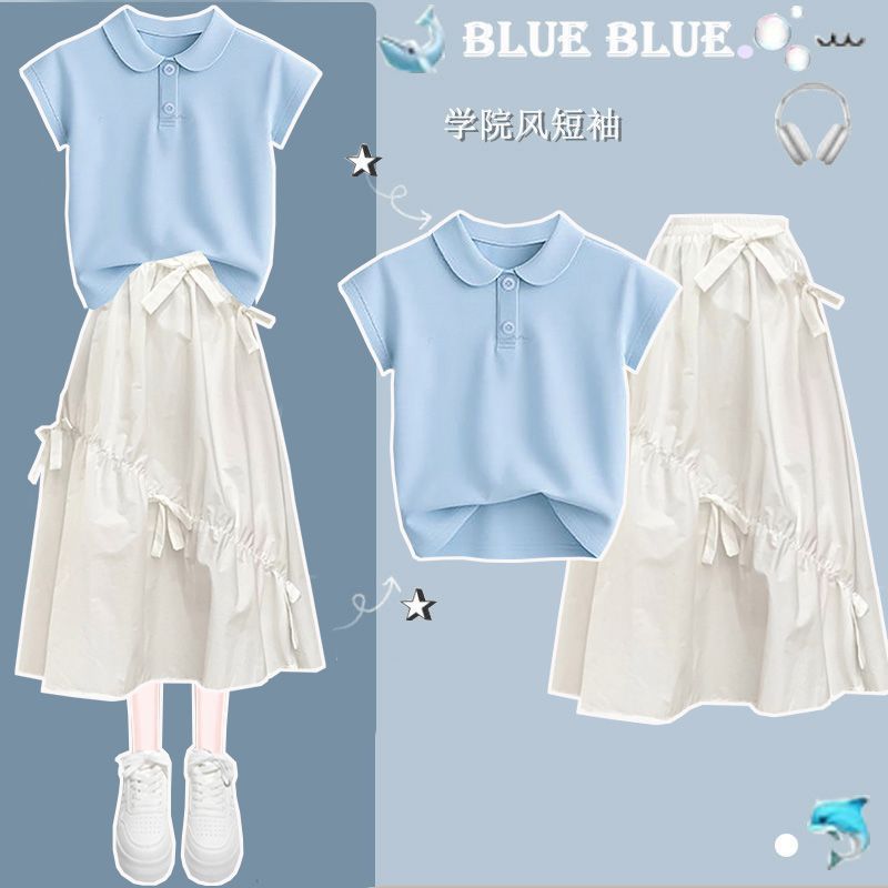 2025 New Korean Style Collared Short-Sleeve Fashion Set for Women, Junior and Senior High School Students: T-shirt with Bow and Long Skirt