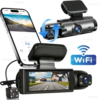 Car Dashcam with High-Definition Night Vision, 360-Degree Front, Interior, and Rear Three-Lens Recording