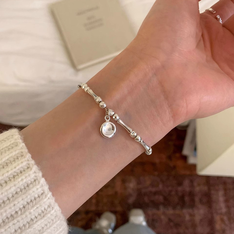 S925 Sterling Silver Bamboo Circle Pendant Bracelet for Women, Simple, Light Luxury, Personalized, Versatile, High-End Jewelry, Gift for Best Friend