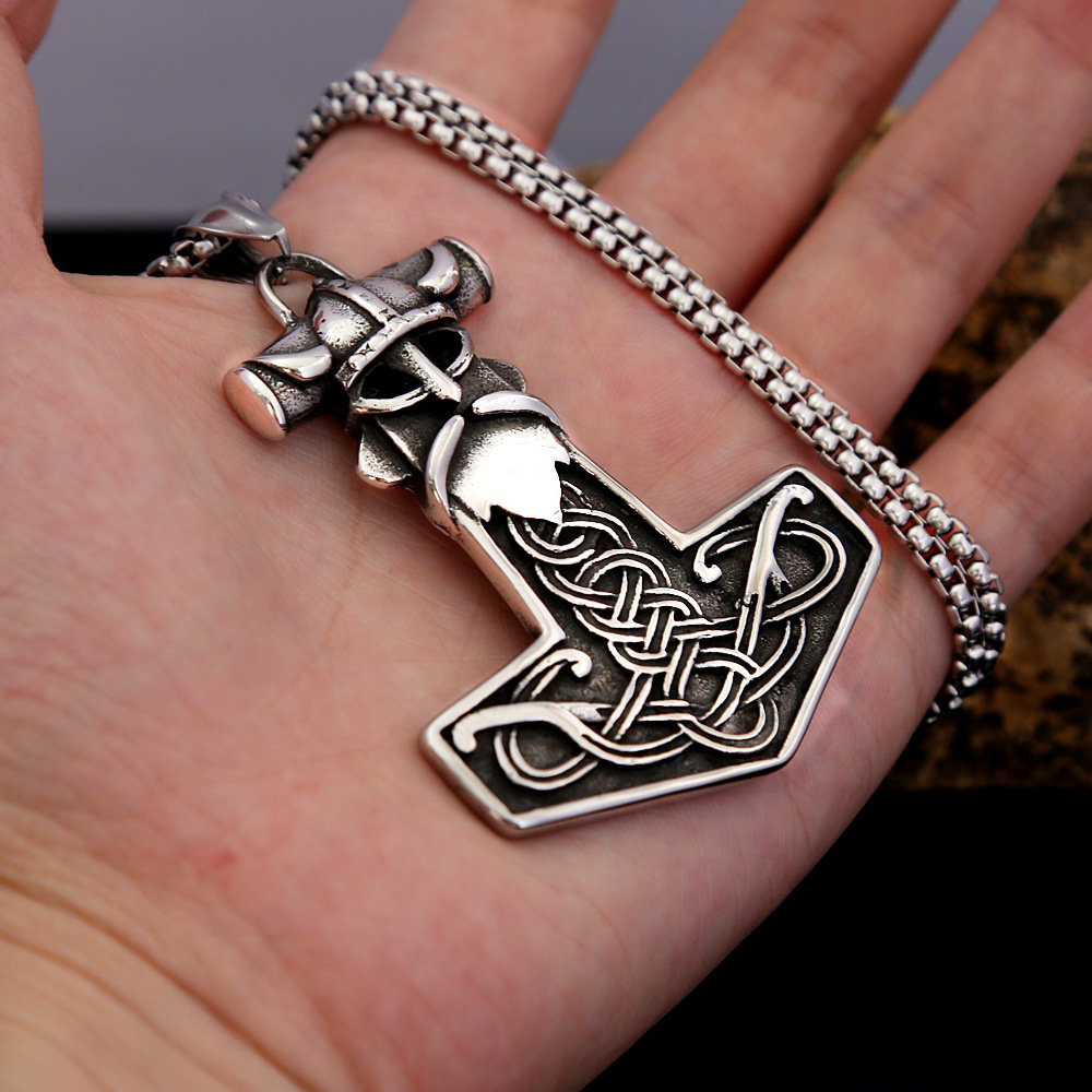 Halskette mit Thor-Hammer-Anhänger aus Edelstahl für Herren, keltischer Wikinger-Krieger-Schmuck_voghion.com