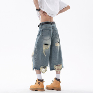 Distressed Ripped Denim Cropped Pants Men's Summer Thin Vintage Shorts American Style Trendy Brand Distressed Pants