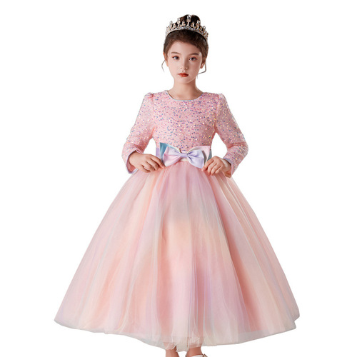 Little Girl Formal Dress with Long Sleeve and Gradient Hem, Princess Dress with Net Fabric and Full Skirt, Sweet Christmas Host Program Long Dress