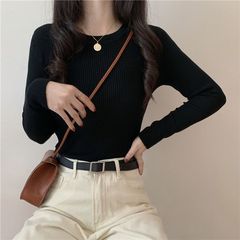 2025春秋新款纯色修身显瘦长袖圆领百搭针织衫时尚洋气柔软女打底