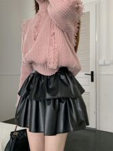 韩版pu皮荷叶边黑色半身裙秋冬短皮裙高腰显瘦a字蓬蓬裙蛋糕