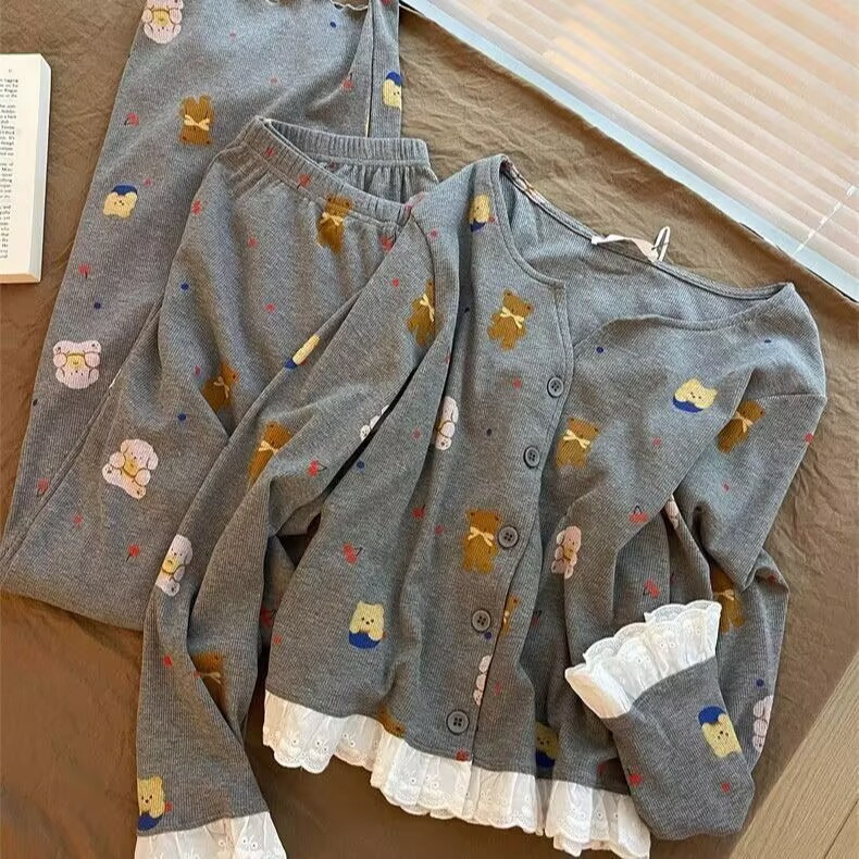 2026 New Korean Style Cherry Bear Pajamas for Women, Spring and Autumn Cute Sweet Long Sleeve Long Pants Homewear Two-Piece Set 2026 New Korean Style Cherry Bear Pajamas for Women, Spring and Autumn Cute Sweet Long Sleeve Long Pants Homewear Two-Piece Set
