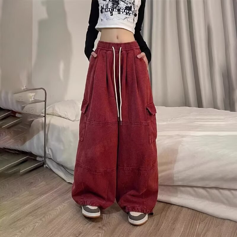 アメリカのレトロなピンクの服装のズボンの女性の春秋のまっすぐな筒のゆったりしている広脚の高い腰はやせているカジュアルなズボンのデニムのズボンの潮を現します。|undefined