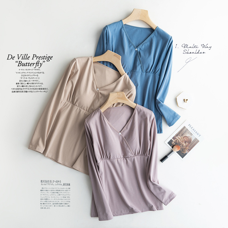 Cotton nursing clothing with chest pad long sleeve cross-style wear-free underwear confinement clothing pregnant women postpartum nursing clothing bottoming clothing