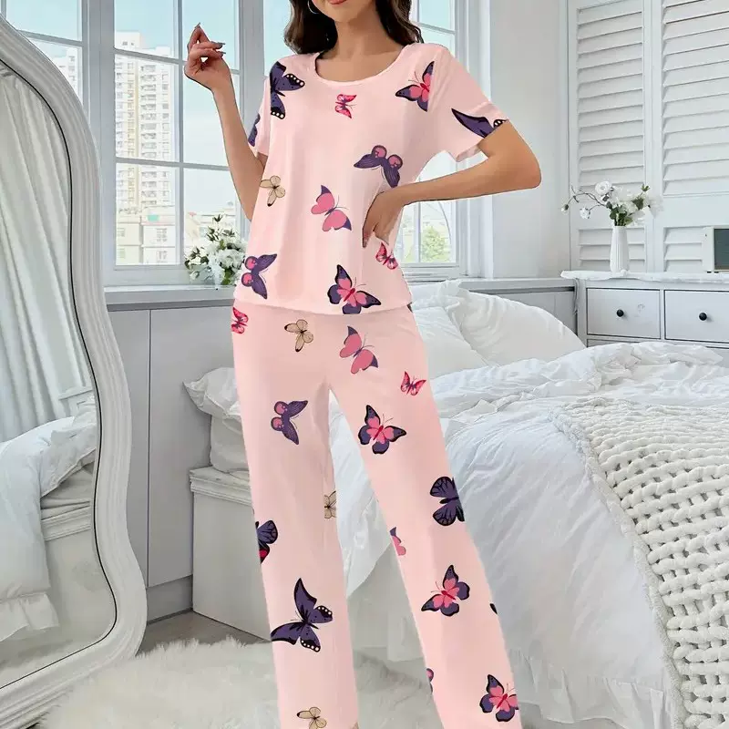 2025年欧美蝴蝶印花牛奶丝家居服女士休闲睡衣长裤套装潮流印花