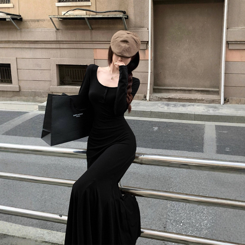 黑色美拉德长袖连衣裙女早秋巨好看琥珀流光风长袖气质包臀鱼尾裙|undefined