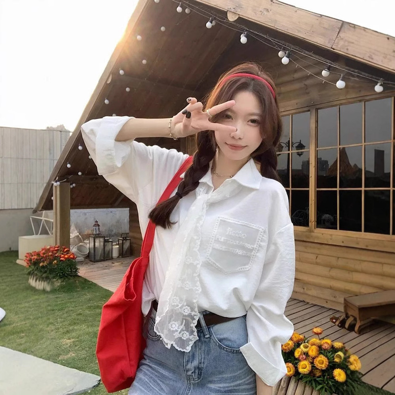 Elegant Lace Tie New Long Sleeve White Shirt Women's Spring Fresh Design Sense Shirt Cardigan Top Women