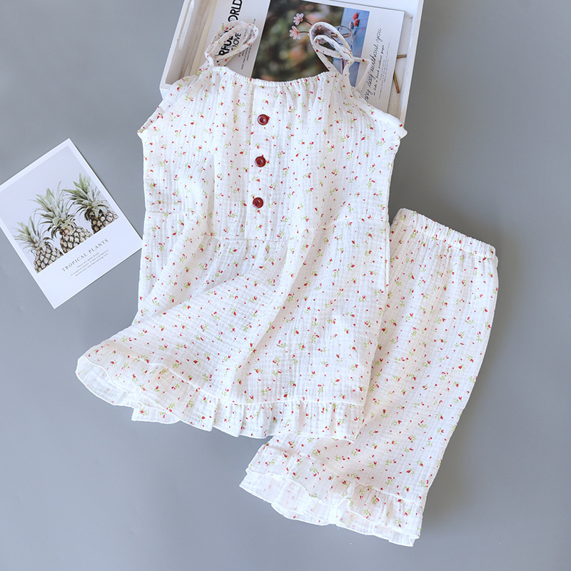 Japanese-type Cute Girl's Sling Nightgown Crepe Pajamas Summer Washed Cotton Gauze Shorts Home Clothes Loose suit