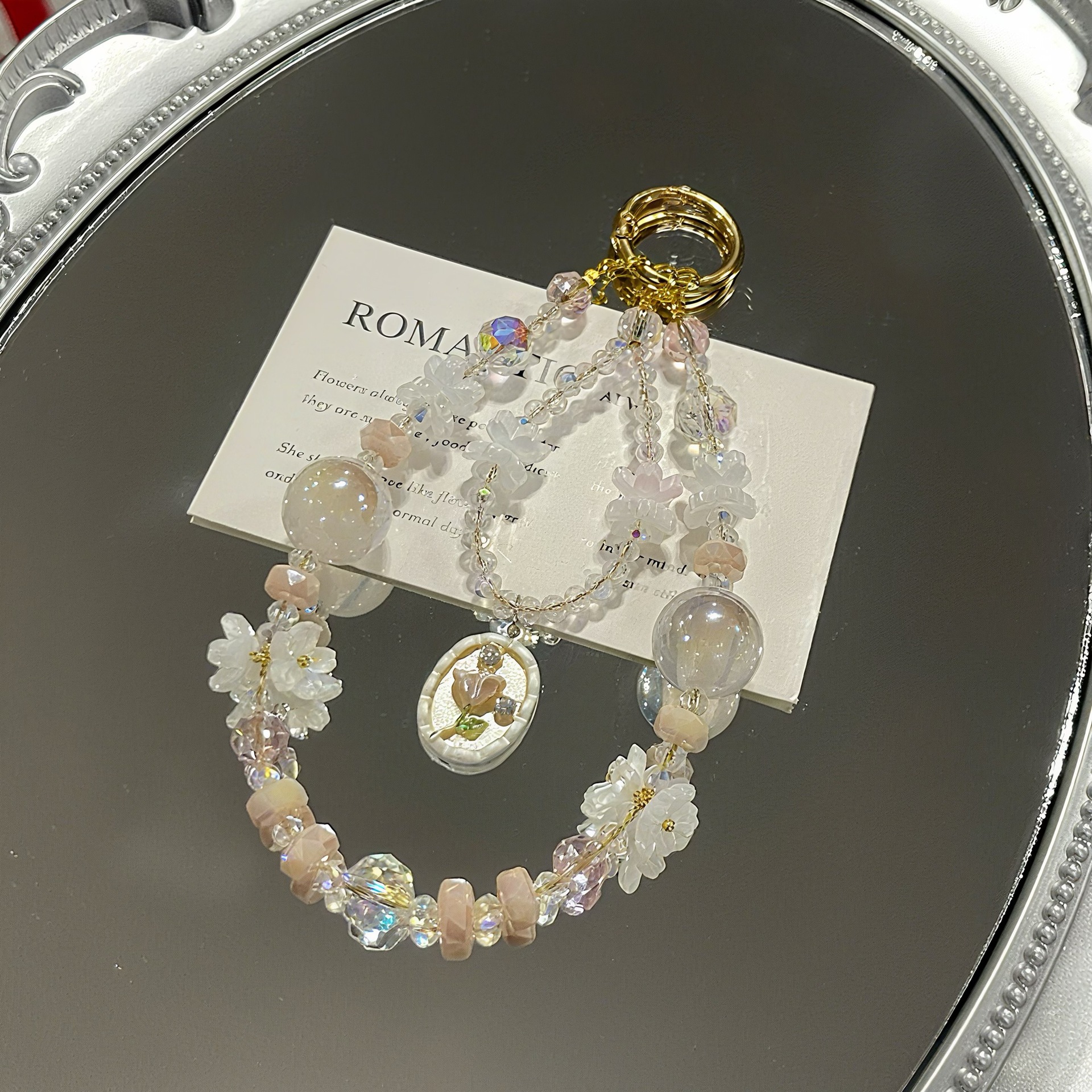 Lolita Style White Camellia Light-Changing Bead Crystal Mobile Phone Chain Original Mobile Phone Pendant Keychain Pendant Bag Pendant