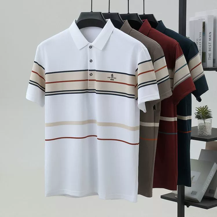 2025 новая летняя деловая повседневная рубашка-поло с короткими рукавами и широкими полосками с лацканами, футболка с короткими рукавами, одежда для папы