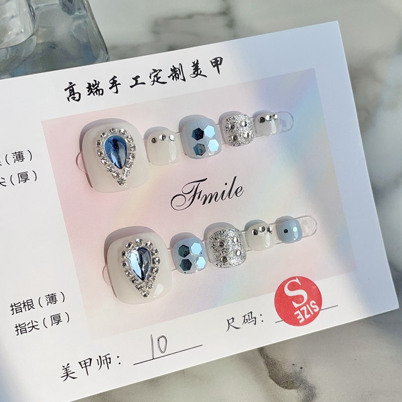 [toe Nails] Original Real Shot of Handmade Wearable Nails, Toenails, Manicure Patches, Finished Sparkling Diamonds, Blue Enchantress