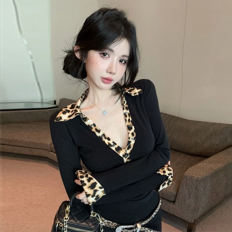 美式辣妹Polo领豹纹拼接针织衫女春秋季修身内搭低胸C领长袖上衣