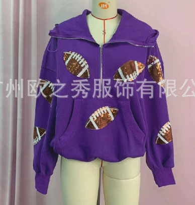 外贸亚马逊春秋榄球连帽卫衣欧美女装拉链抽绳长袖套头上衣定 制|undefined