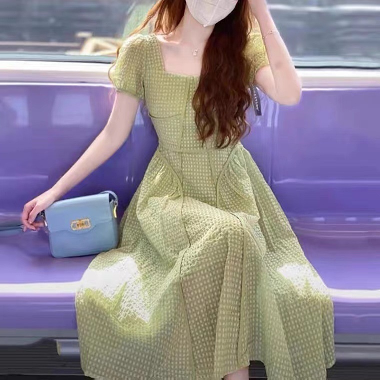 Đầm suông midi tay phồng xanh lá cây phong cách Mori Pháp — Màu xanh lá chi tiết 7