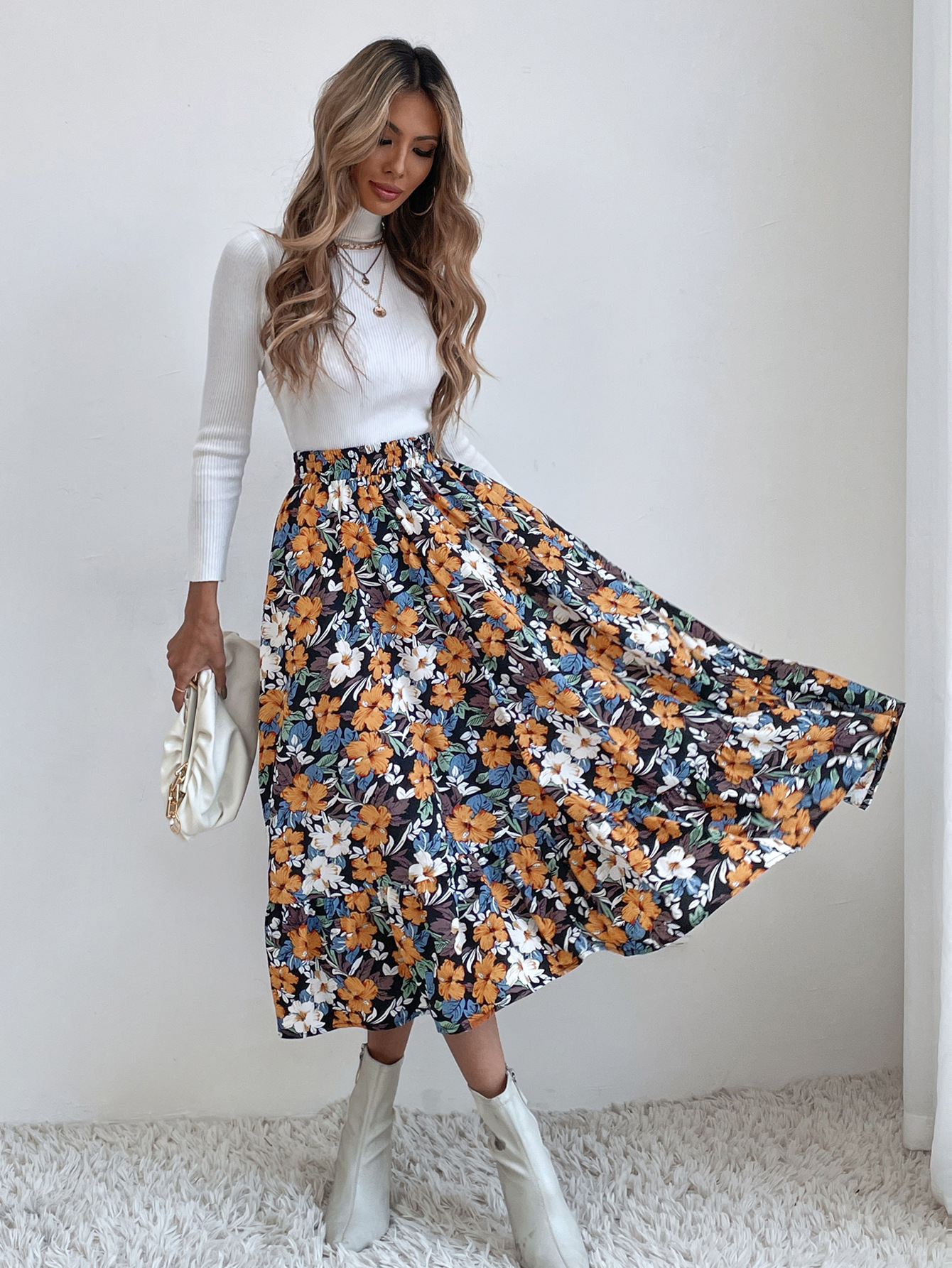 Print Mid-Length Slim A-Line Skirt NSJM105172