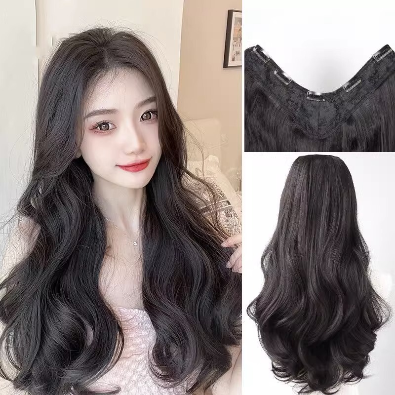 Long curly hair v-shaped hair extension piece women's big wave wig piece fluffy invisible short hair extension wig one piece hair quantity