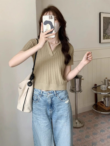 Right shoulder white polo short-sleeved T-shirt for women spring and summer new style lapel knitted bottoming slim short outer top