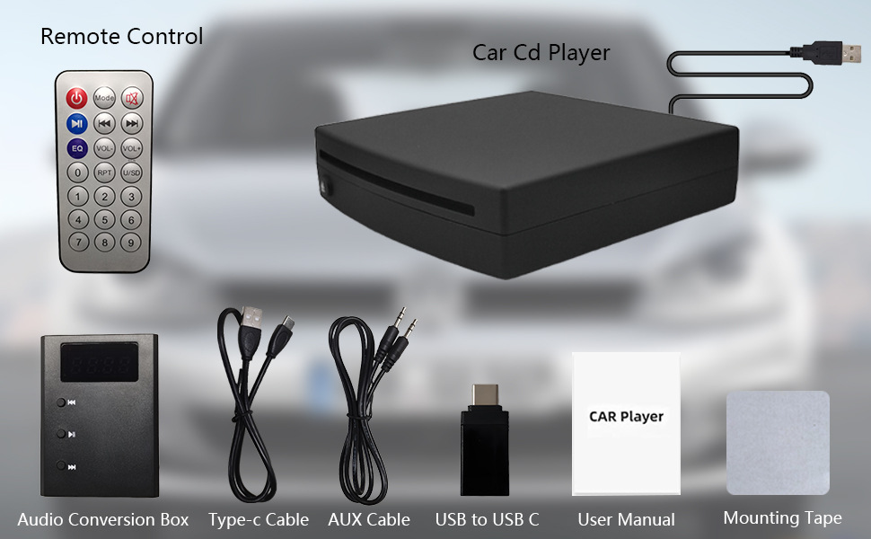 In-car CD player with USB connection, external CD player with FM transmitter and AUX output box