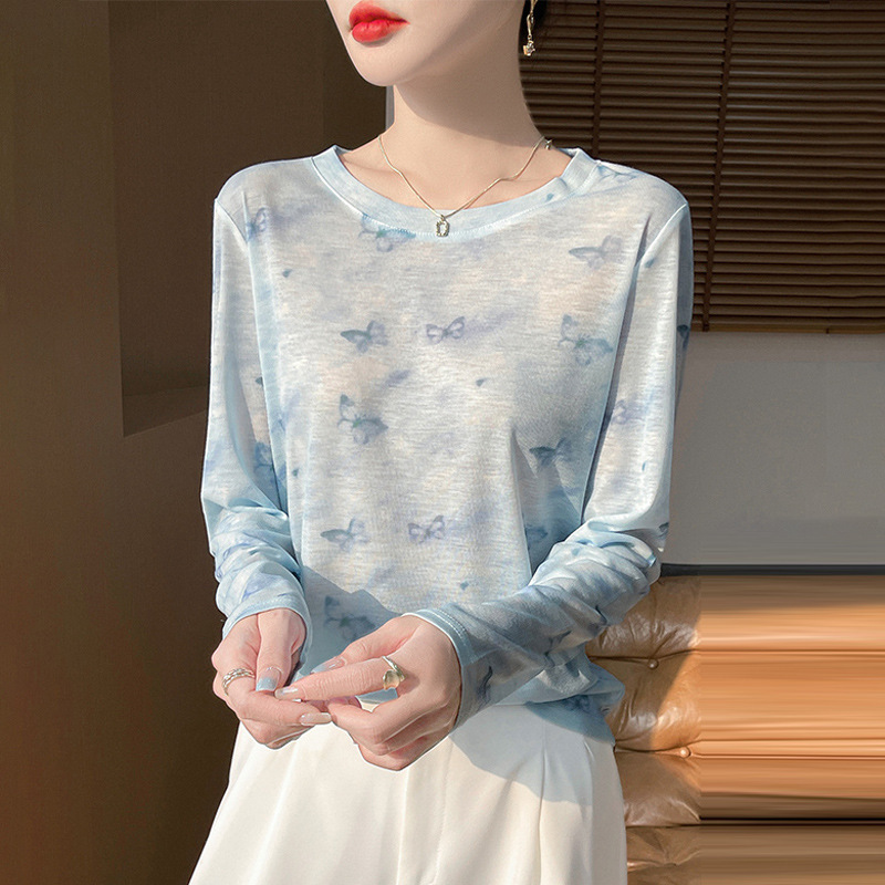 Tie-dyed Printed Vintage Base Shirt Women's Slim-fit 25 Spring and Summer New Foreign Trade Supply Long-sleeved Top Small Shirt