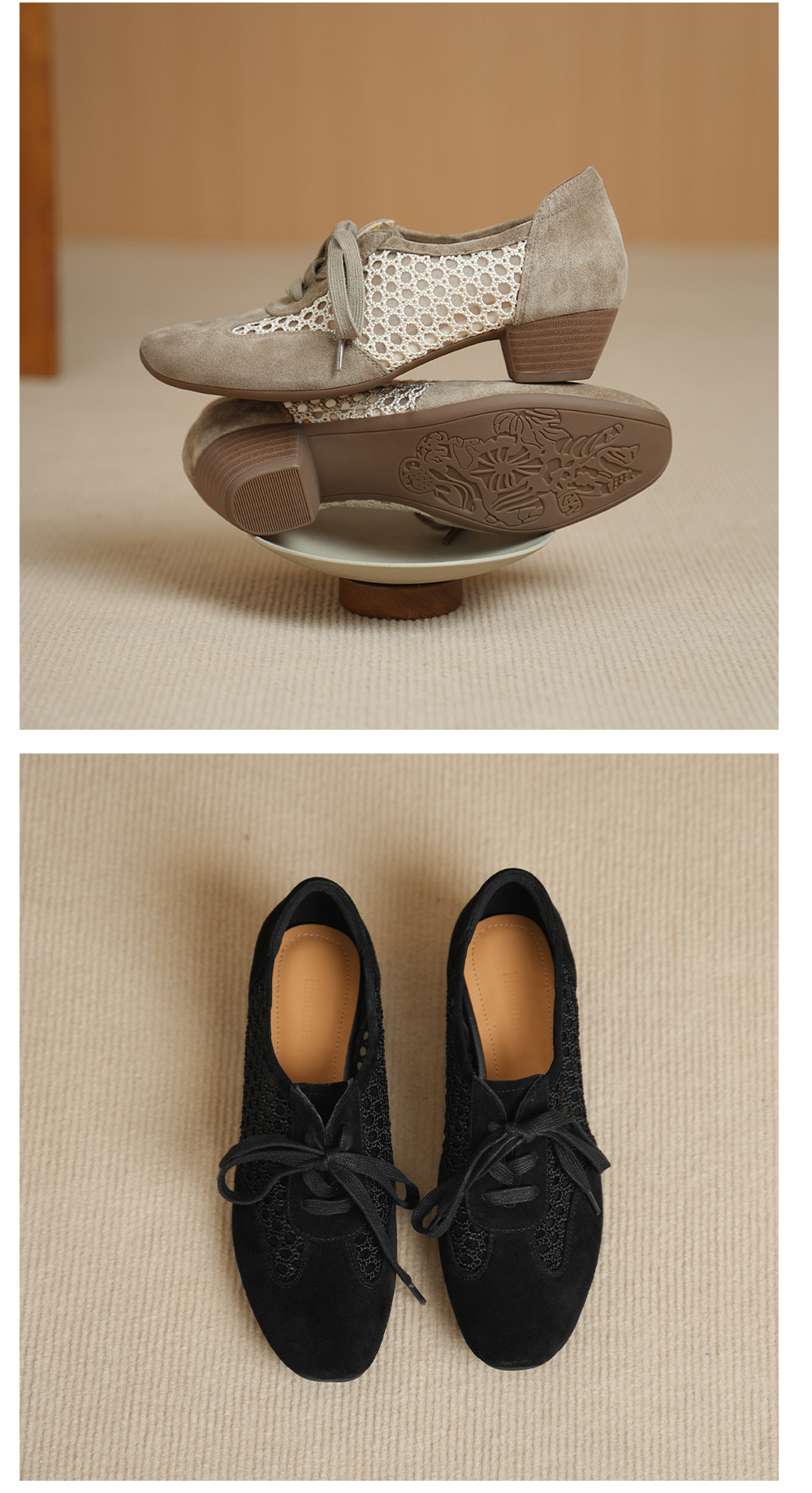 Giày sandal cao gót nữ hở mũi phối lưới, gót 4 cm, phong cách vintage — đen chi tiết 12
