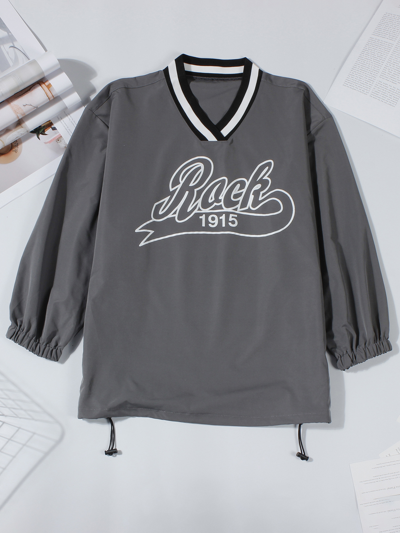 Felpa con scollo a V, stile americano, moda casual da strada, da donna, con stampa a lettere e blocchi di colore, ampia e larga_voghion.com