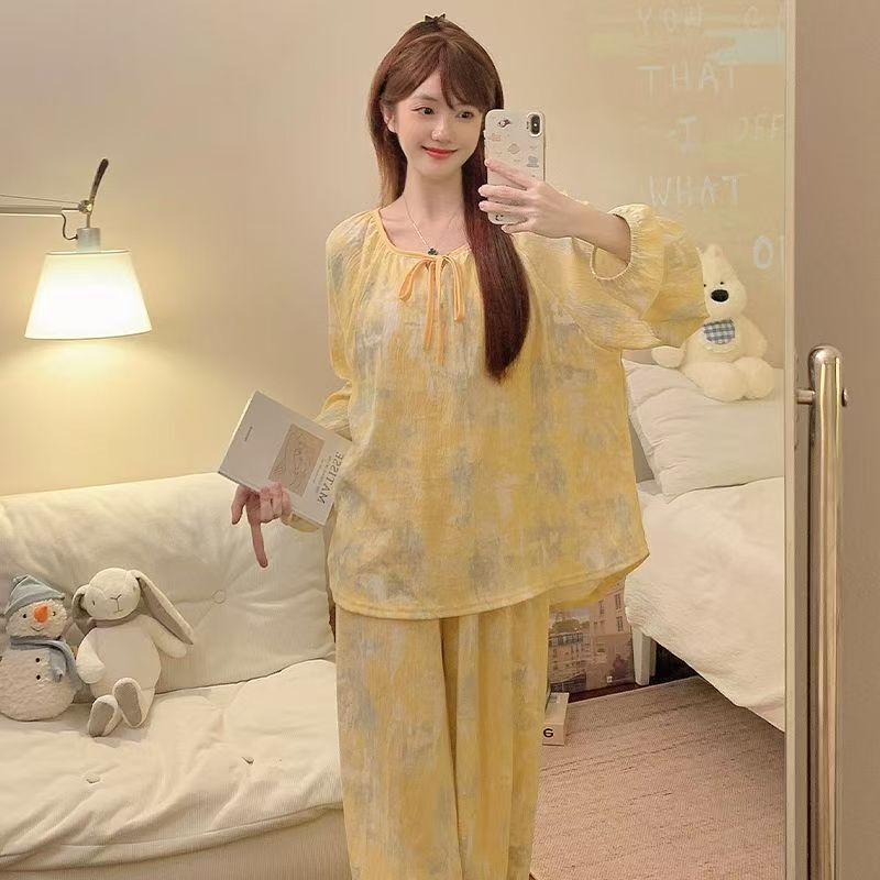 Cloud Cotton Tie-Dye Printed Pajamas for Women Spring and Autum New Glazed Yellow Double Long Loose Can Be Worn Outside Home Clothes Set