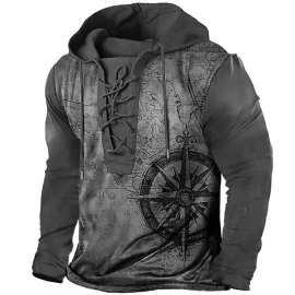 跨境大码男士户外复古系带连帽长袖卫衣男装T恤秋季纯色休闲上衣