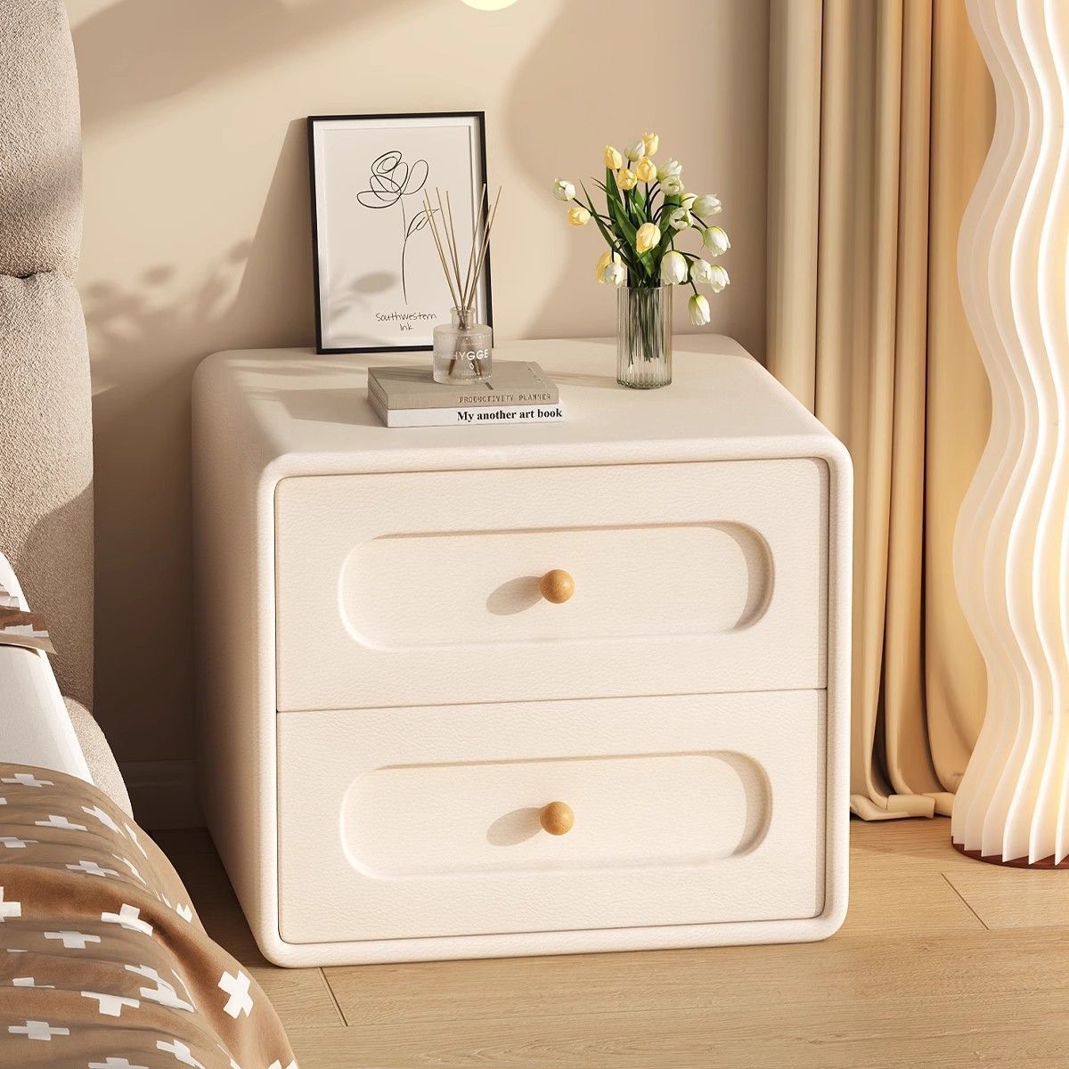 Bedside Table Solid Wood Cream Style New Leather Light Luxury Simple Home Storage Cabinet Modern Bedroom Small Bedside Table