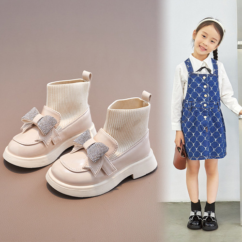 女童皮鞋2023春新款女童单靴女孩针织英伦短靴蝴蝶结靴子儿童皮靴