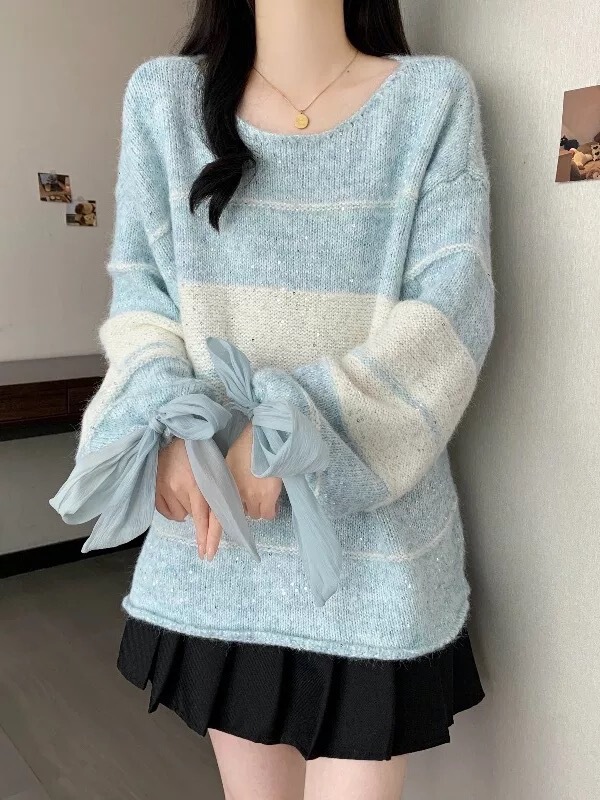 蝴蝶结亮片系带条纹套头毛衣女2025秋冬新款宽松设计感甜美针织衫|undefined