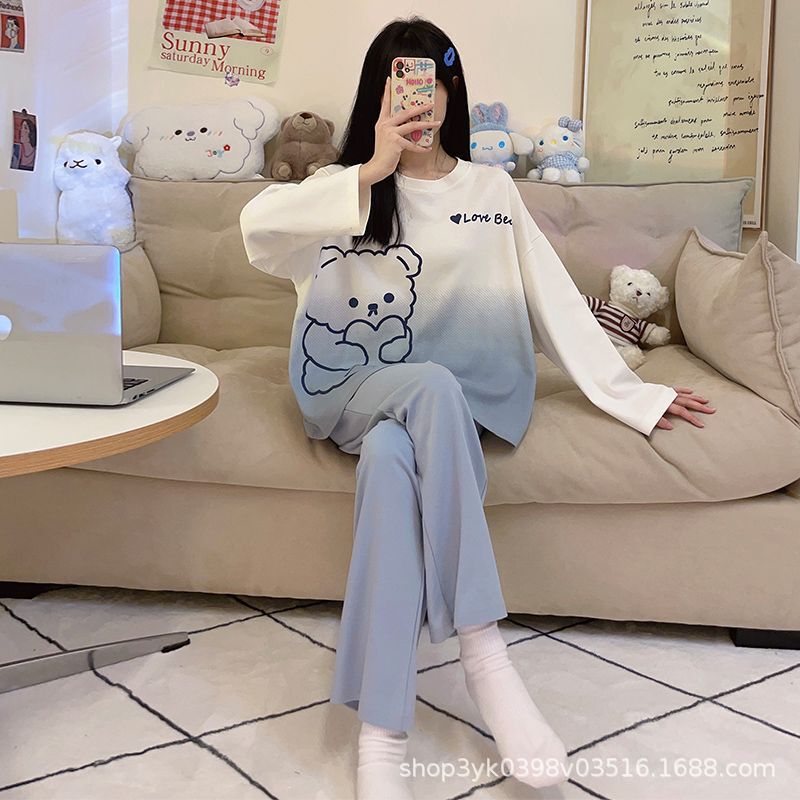 国境を越えた人気の女性用パジャマ春と秋の長袖2025新しいかわいいシナモン犬女子学生ホーム服セット|undefined