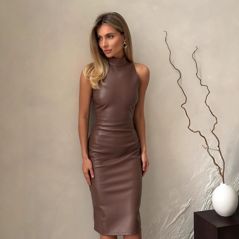 Cross-Border European and American Clothing 2024 Amazon Sleeveless Stand-Up Collar Elegant Slit Dress Slim Pure Color Pu Leather Skirt Cross-Border European and American Clothing 2024 Amazon Sleeveless Stand-Up Collar Elegant Slit Dress Slim Pure Color Pu Leather Skirt