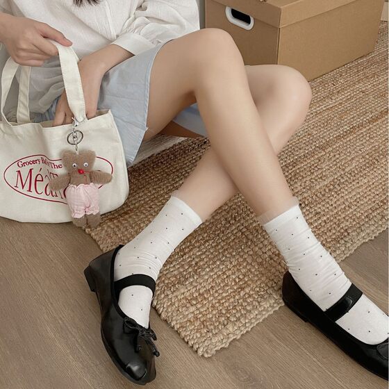 Summer Thin Mesh Polka Dot Socks for Women, Solid Color Lace Trim Mid-Calf Socks, Ins Style Cotton Seamless Slouch Socks
