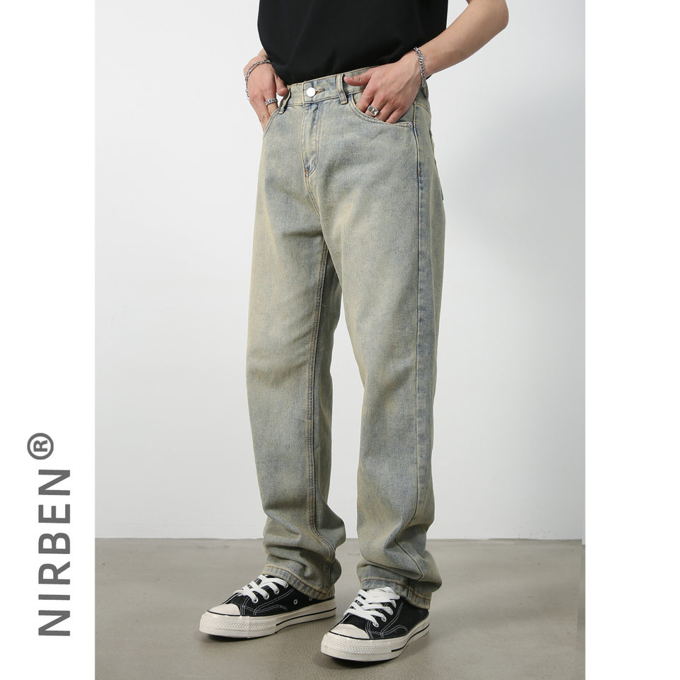 Quần jean nam ống rộng phong cách Hàn Quốc, quần dài denim thoải mái dễ phối đồ — Màu trắng, Màu vàng bùn, Màu đen, Xanh denim