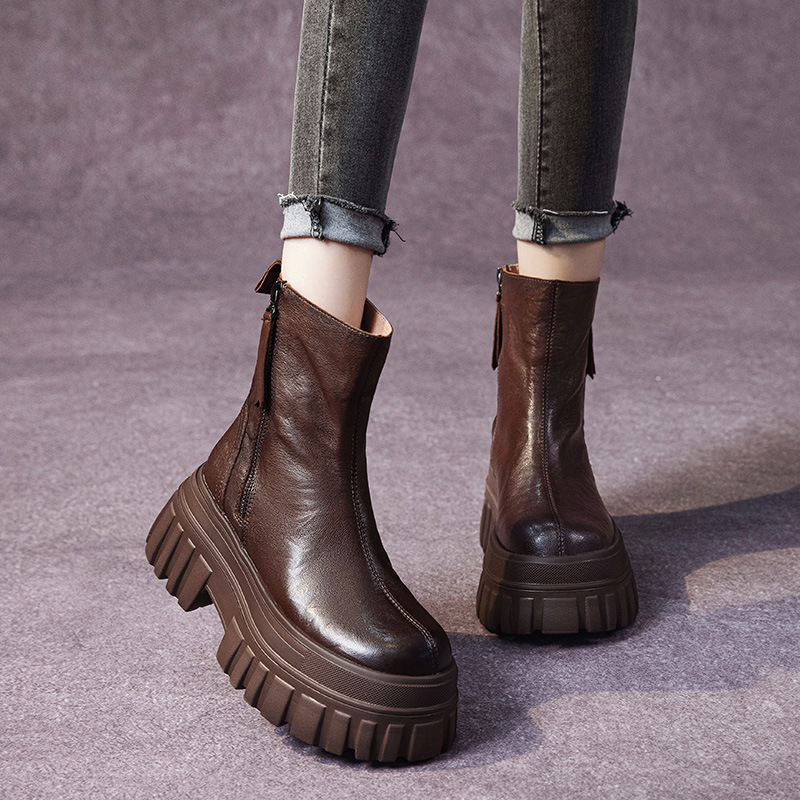 Thick-Soled Martin Boots for Women, New Autumn and Winter European and American Fashion, Genuine Leather with Hand-Grab Pattern, Double Zipper, Short High-Heeled Boots for Petite Women